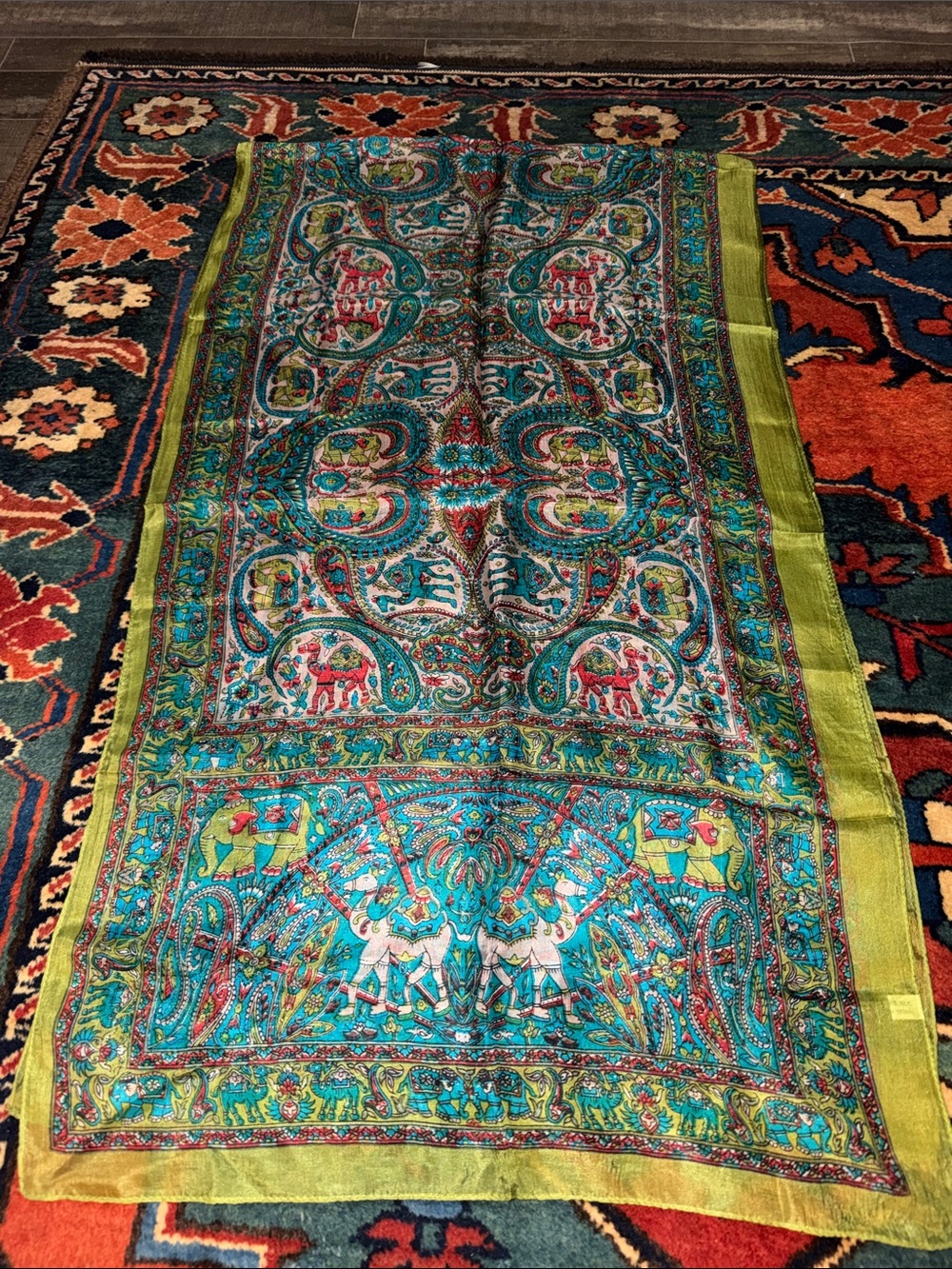 Intricate Kalamkari Paisley Multicolor 100% Silk Scarf - Teal, Red & Lime
